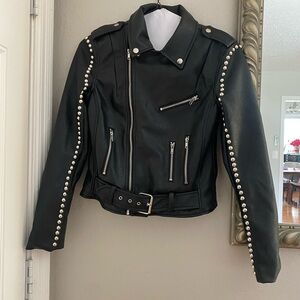 Women's Black Leather Jacket with Studded Details